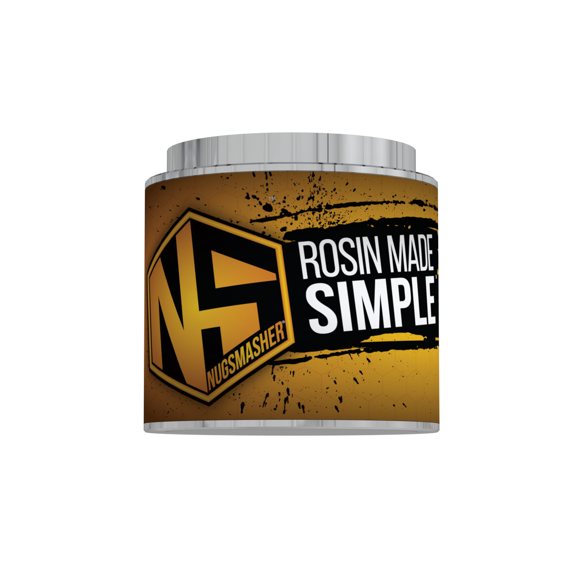 Nugsmasher 14g round pre-press mold with gold and black splatter design, "Nugsmasher" logo, and text "ROSIN MADE SIMPLE."