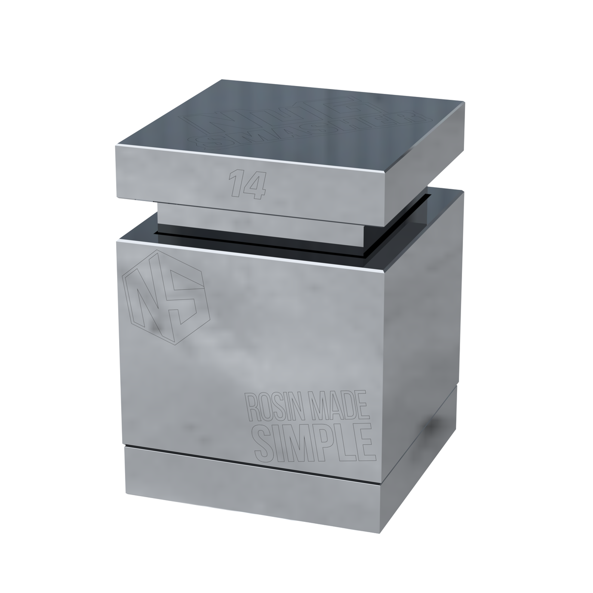 Shiny metal nug smasher 14g square pre-press mold with "ROSIN MADE SIMPLE" text.