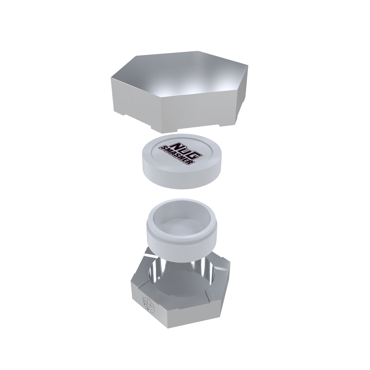 Hexagonal Nug Smasher decarboxylation capsule components: lid, inner cup, and base.