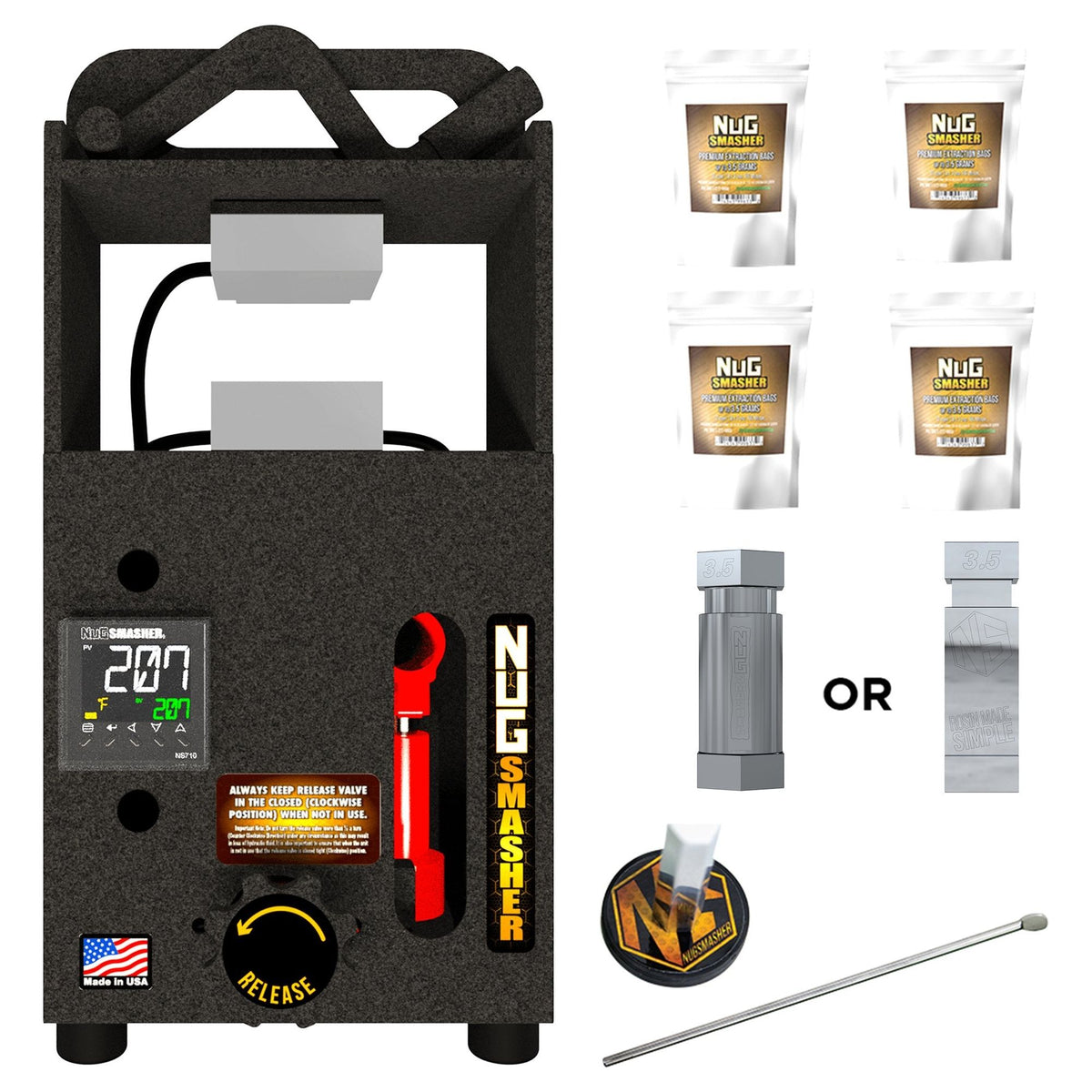 NugSmasher Mini rosin press with extraction bags, dual collection tools, and a dab tool.
