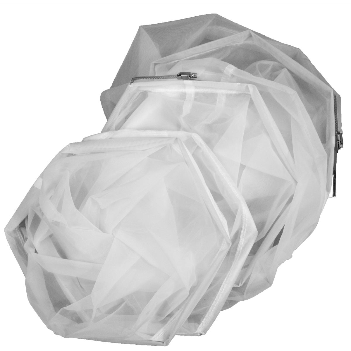 White mesh sifter bags, stacked and folded, with metal clamps.