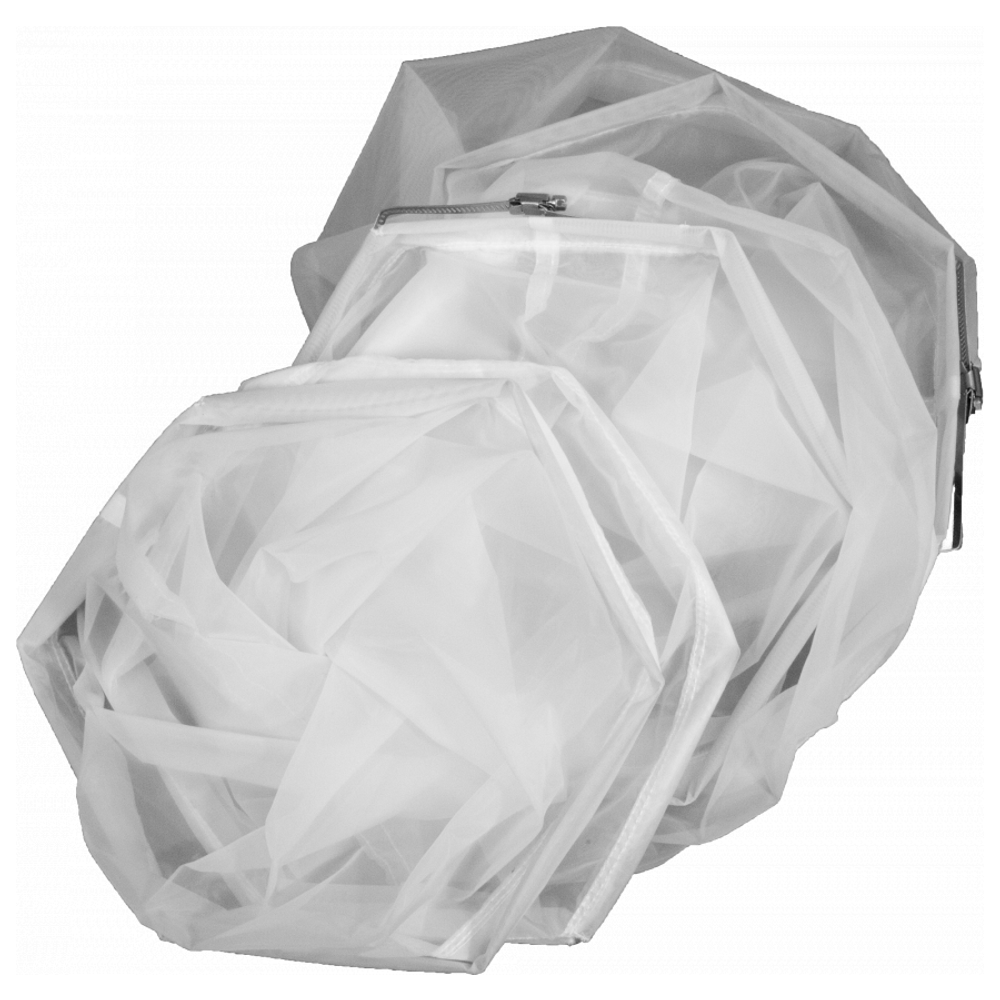 White mesh bags with zippers, stacked and folded, for sifting cannabis.