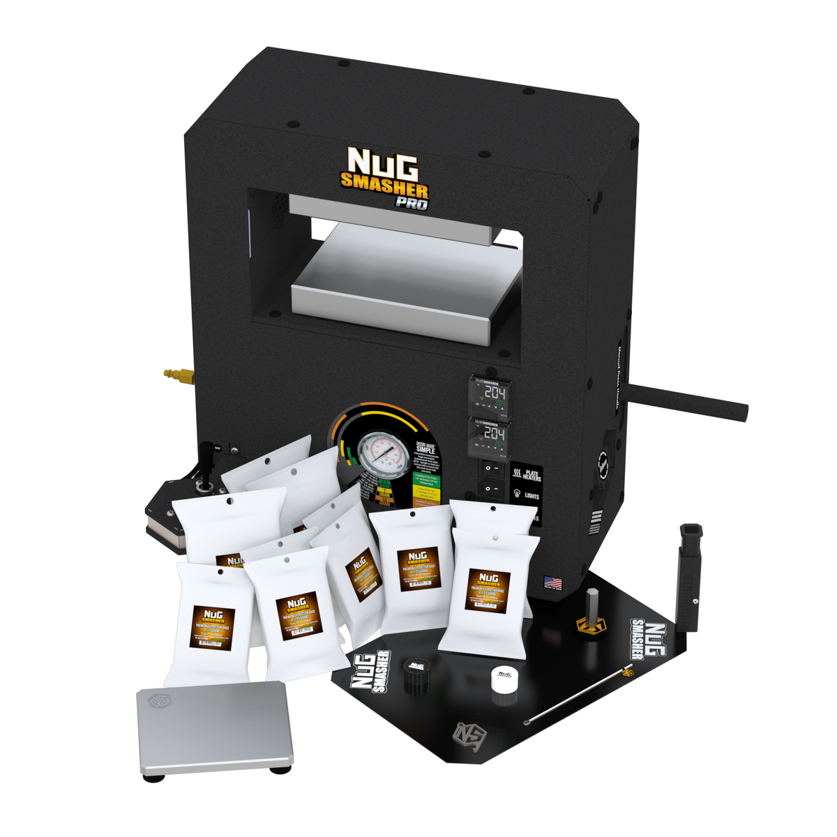 Black Nug Smacher Pro rosin press with accessories, including white extraction bags.