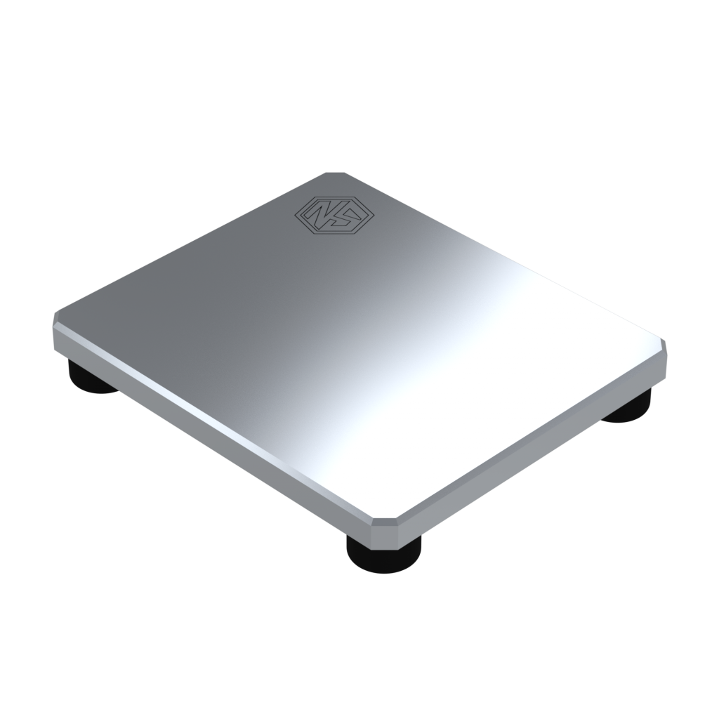 Silver, square rosin collection plate with black feet and a hexagonal logo.