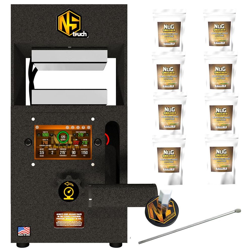 NugSmasher Touch 12-ton rosin press with extraction bags, a dab tool, and a pressing plate.