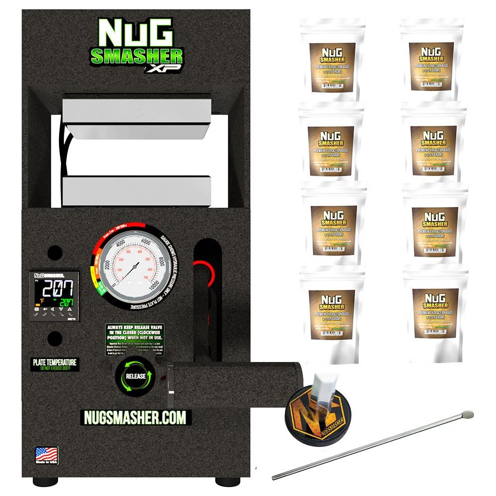 Nugsmasher XP 12-ton rosin press with bags, gauge, and tool.