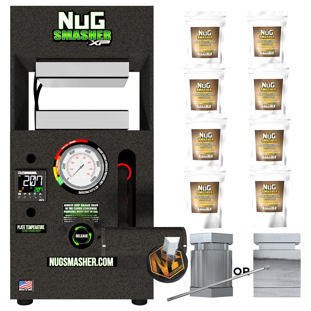 Nugsmasher XP 12-ton rosin press with extraction bags, gauge, and accessories.