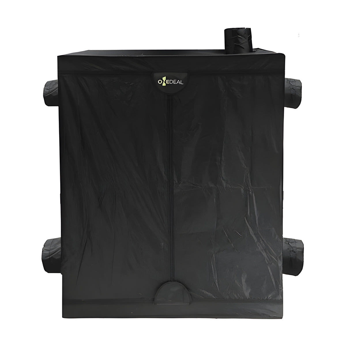 Black OneDeal grow tent with zippered door, vents, and logo.