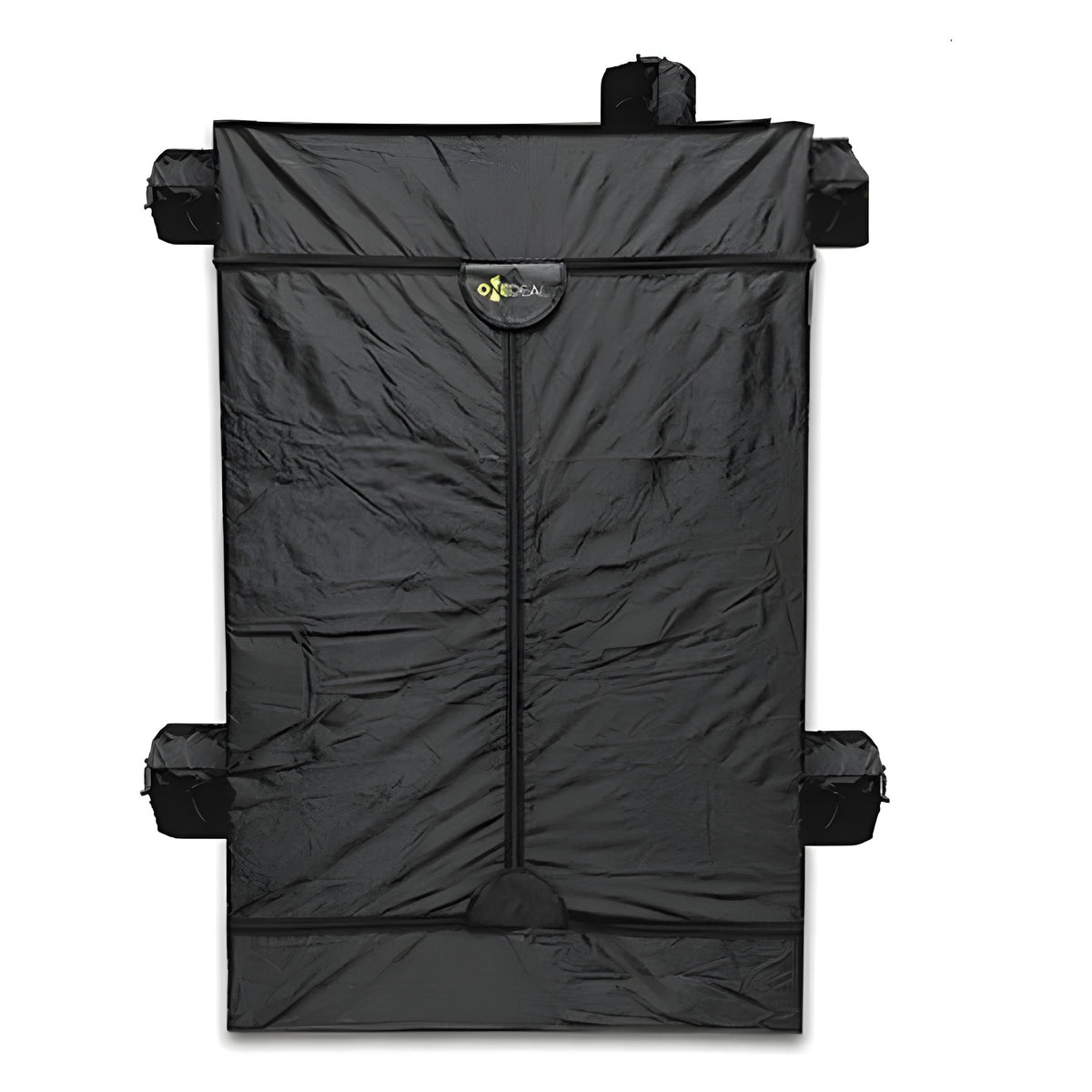 Black grow tent with zipper and vent ports.