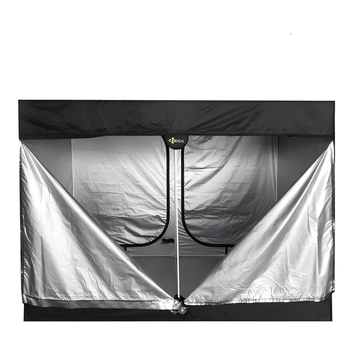 Black grow tent with silver interior, open front panels.