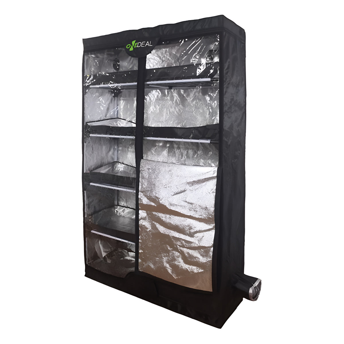 Black grow tent with multiple shelves and reflective interior, logo visible at top.