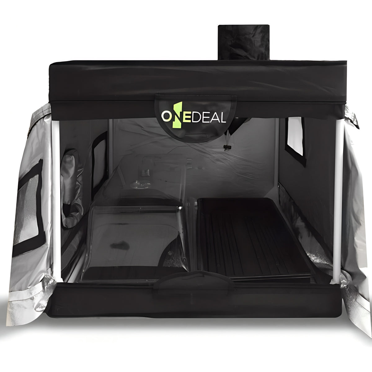 A black grow tent with two transparent trays inside, one clear plastic container, and a black base.