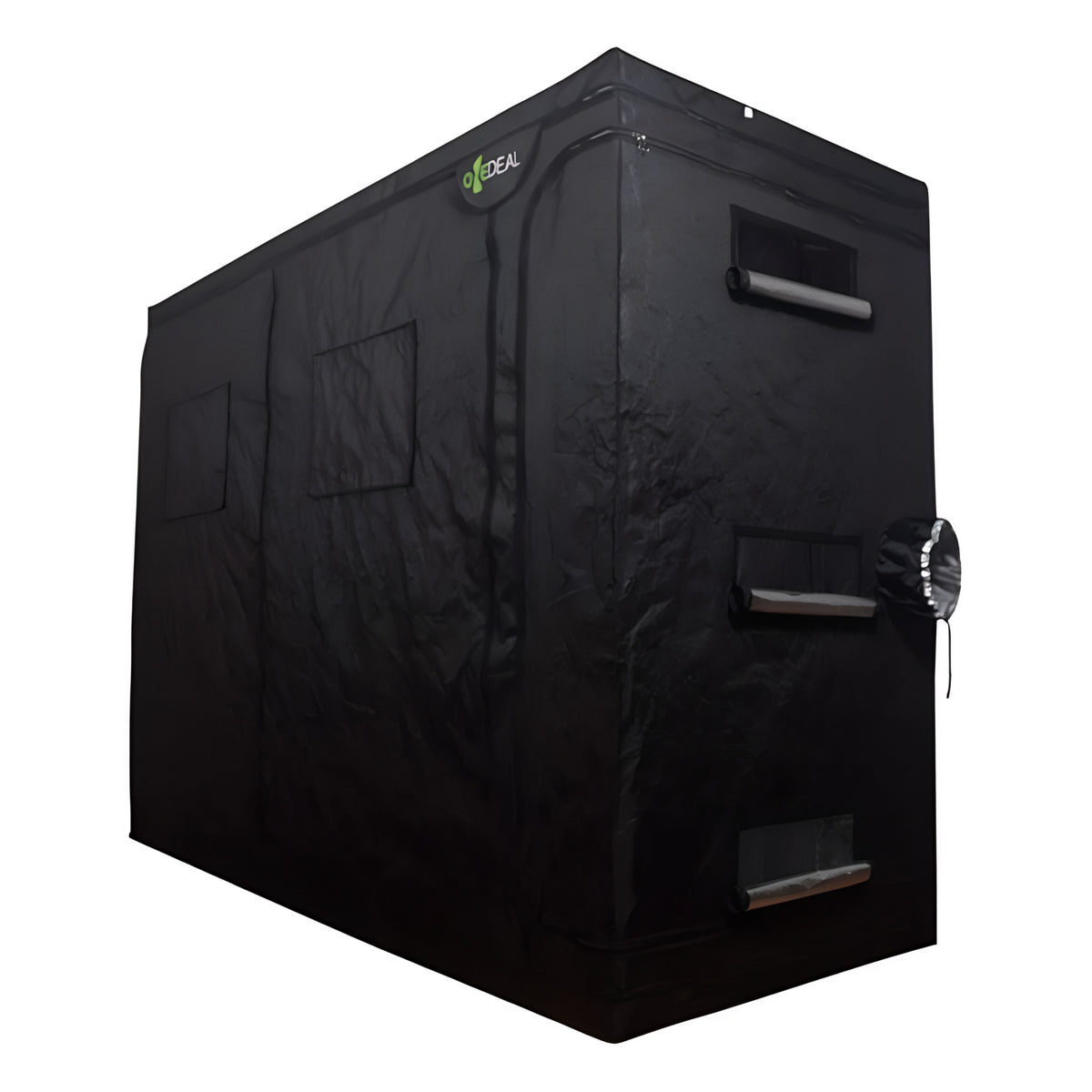 Black grow tent with vents and "Ondeal" logo.