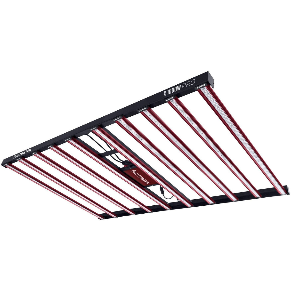 Photontek X 1000W Pro full spectrum LED grow light fixture with red bars and white LED strips.