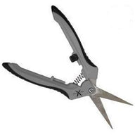Grey and black trimming scissors with a spring and sharp, straight stainless steel blades.