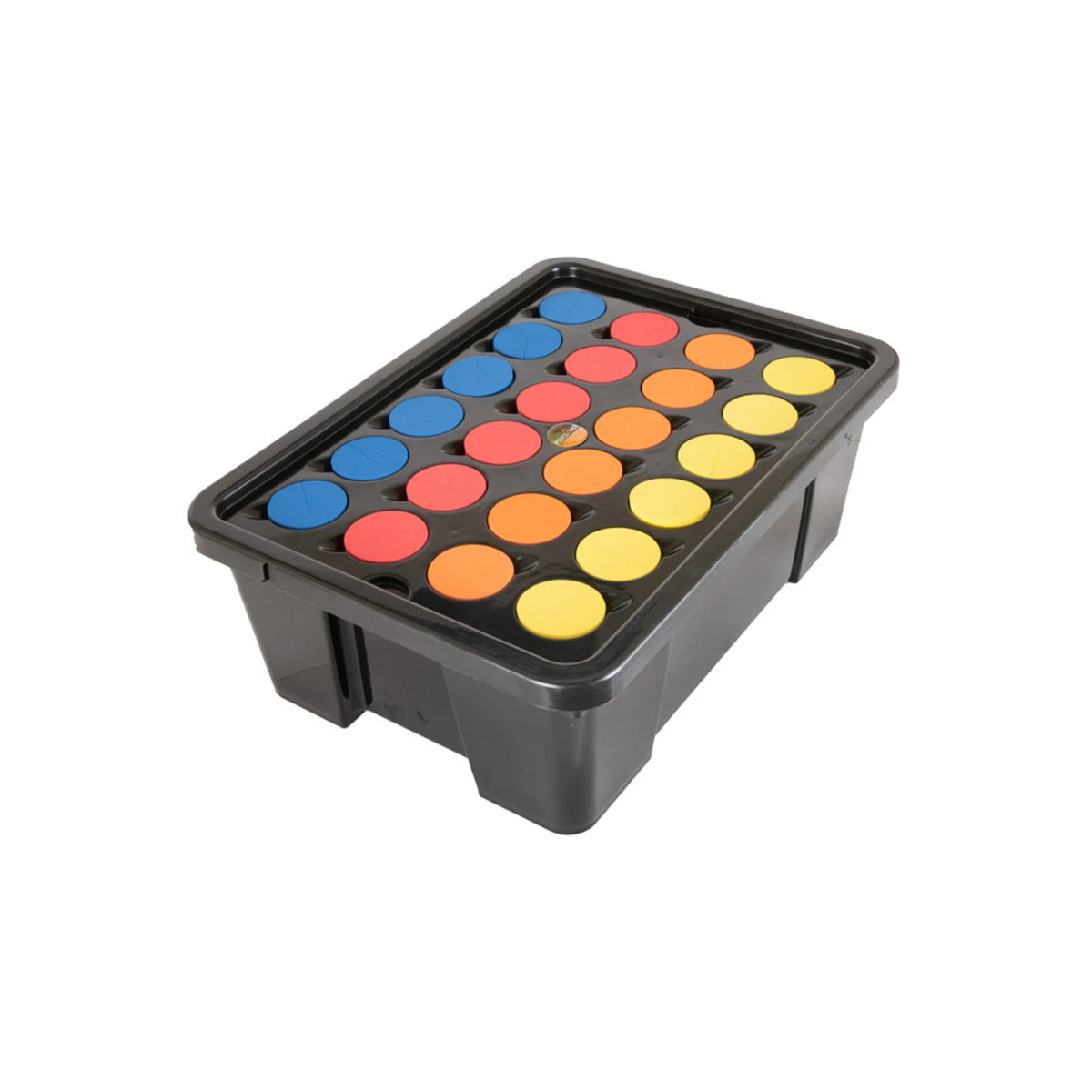 Black deep water cloner tray with 24 circular blue, red, orange, and yellow inserts.