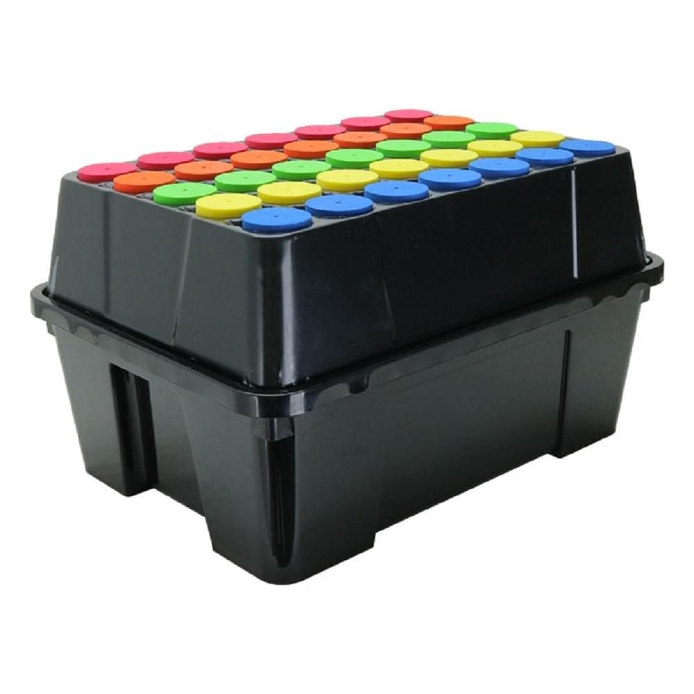 Black aeroponic cloner with 35 colorful net pots in red, orange, yellow, green, and blue.