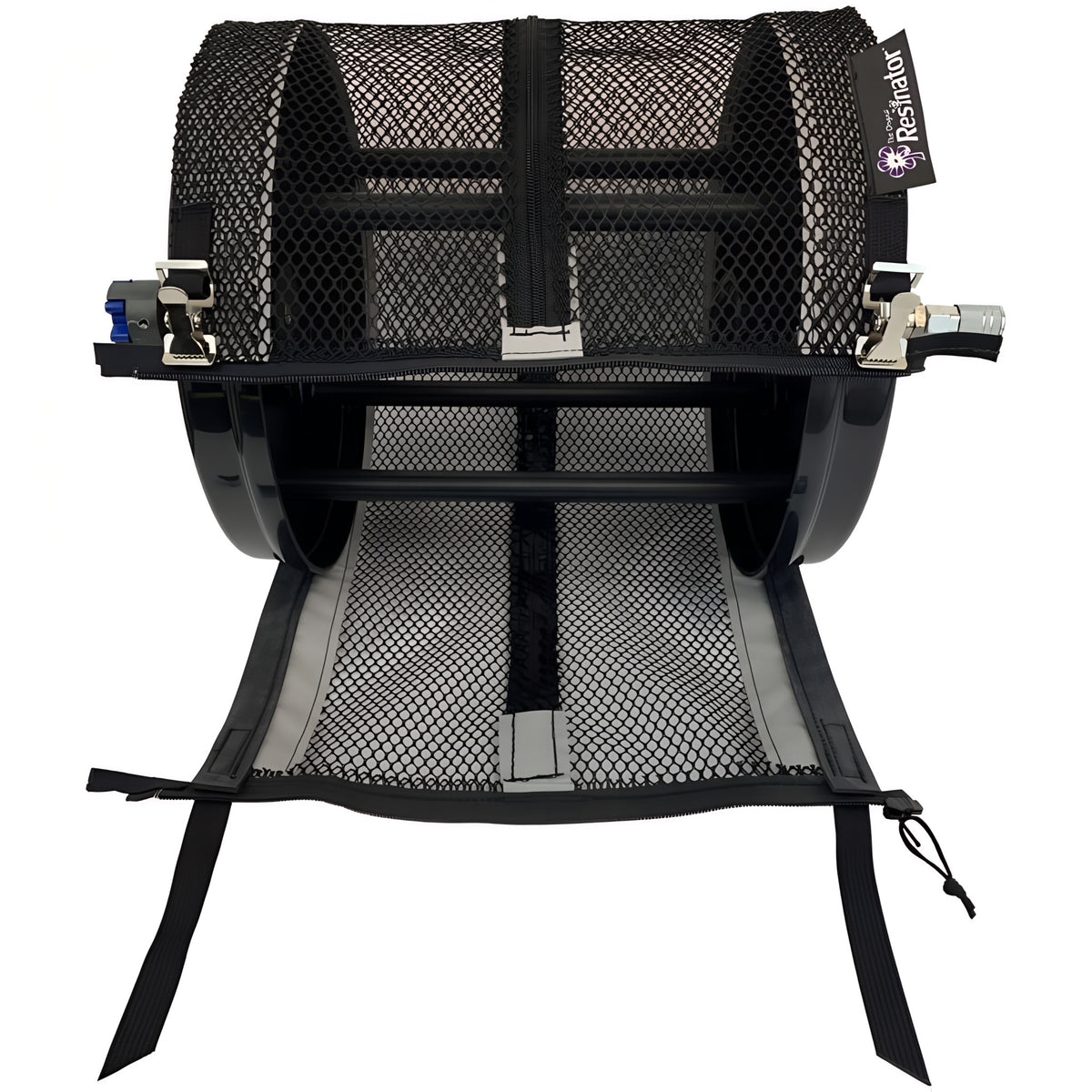 Black Resinator drum kit with mesh bag and clips, on a white background.