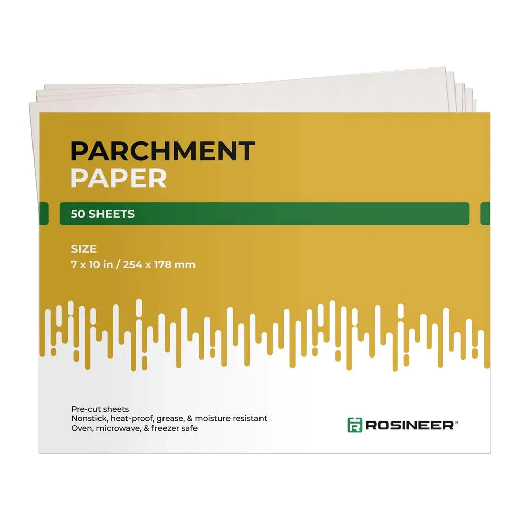 Rosineer parchment paper pack, 50 pre-cut 7x10 inch sheets, nonstick, heat-proof, grease/moisture resistant.