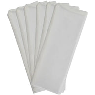 A stack of six white, rectangular filter bags, fanned out against a white background.