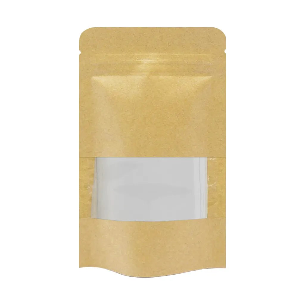 Kraft paper stand-up pouch with a clear window, white background.