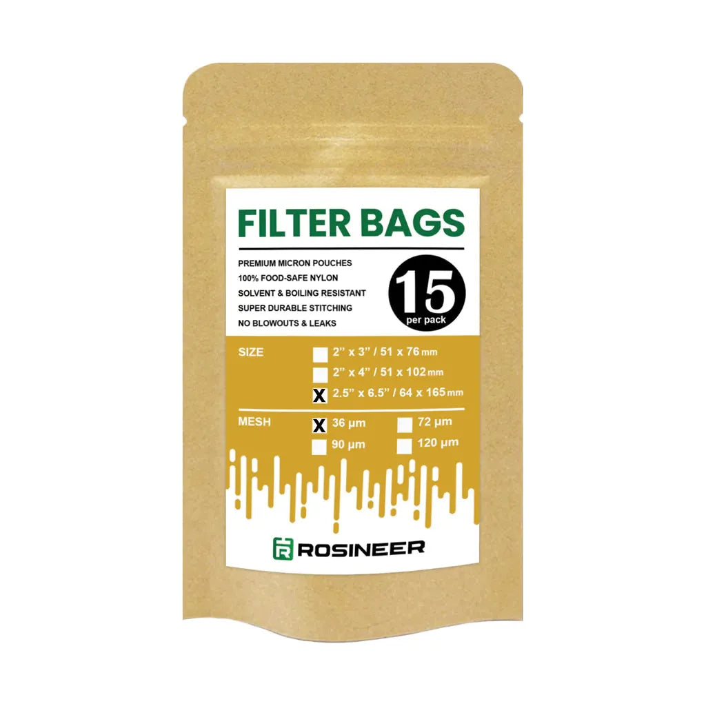 Rosineer 15-pack premium filter bags in brown packaging, featuring size and mesh options.