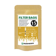 Rosineer 15-pack premium filter bags in brown packaging, featuring size and mesh options.