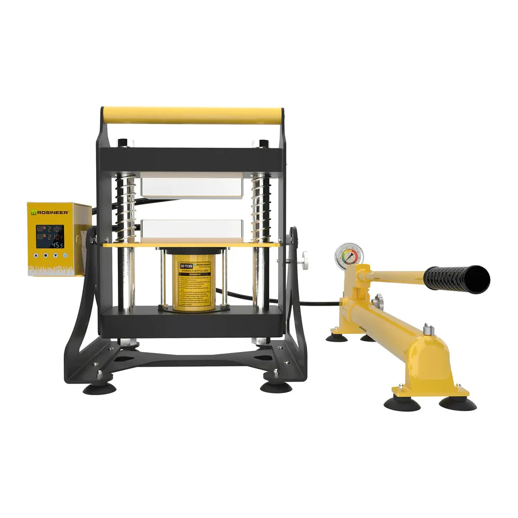 Yellow Rosineer 20-ton hydraulic rosin heat press with digital display and hand pump.
