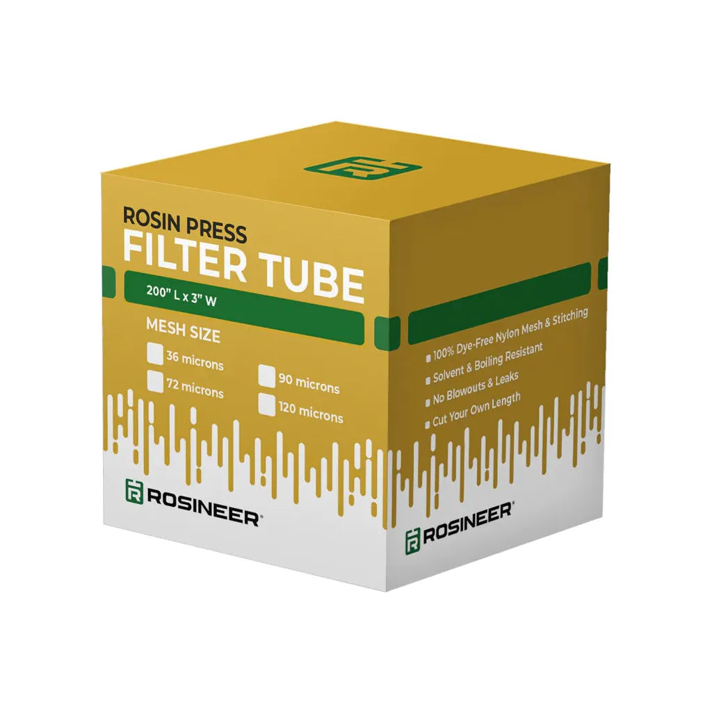 Rosineer premium filter tube box, yellow with green accents, shows mesh sizes & product features.