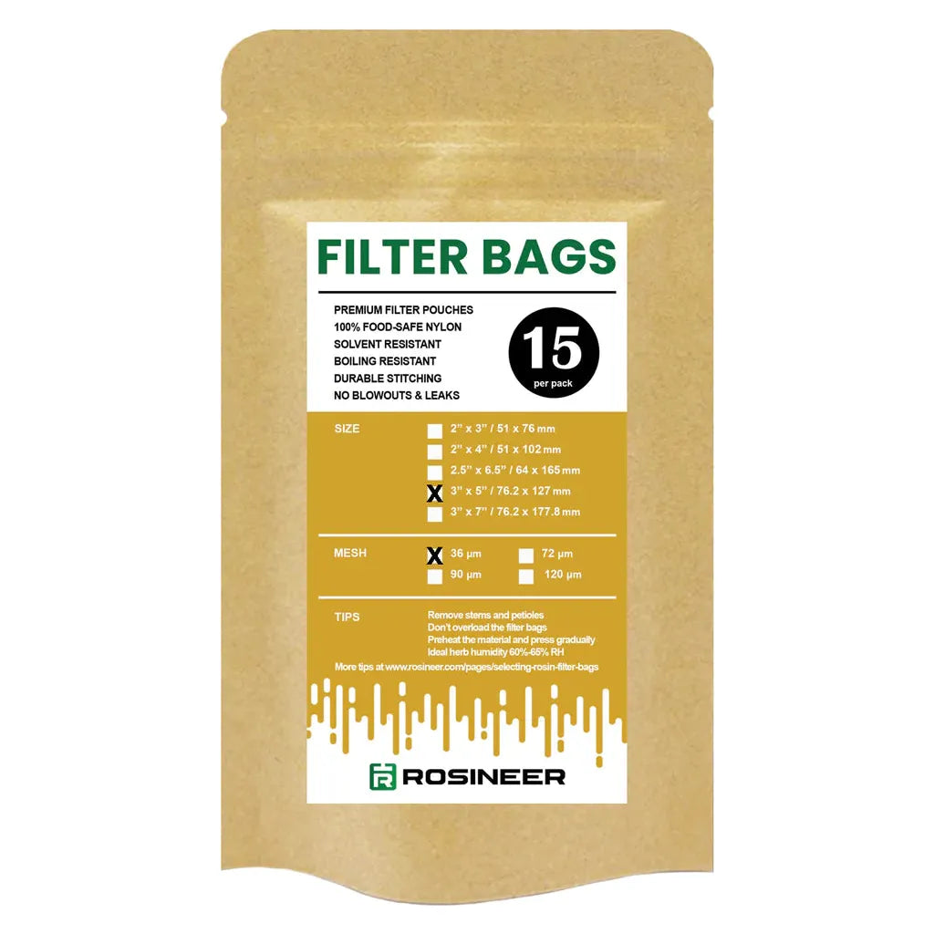 Rosineer filter bags: 3" x 5" size, 15 per pack, food-safe nylon, solvent resistant, 36 µm mesh.
