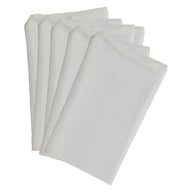 A fan of five white filter bags with a textured surface, fanned out against a white background.