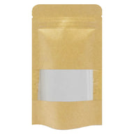 Kraft stand-up pouch with clear window, resealable top, and wavy bottom.