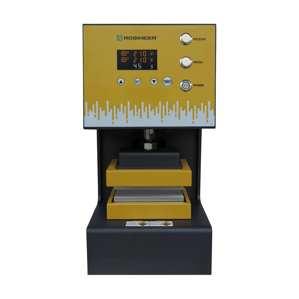 Yellow Rosineer rosin press with digital display showing temperature and timer, black base.