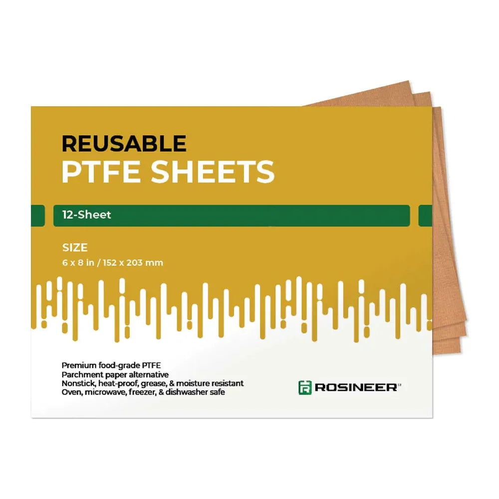 Rosineer reusable non-stick PTFE sheets in a 12-sheet pack, 6x8 inches.