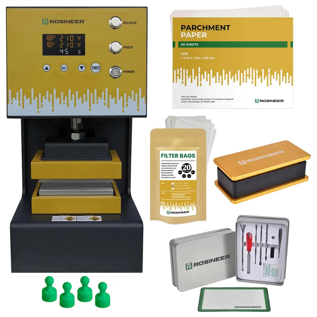 Rosin heat press bundle with rosin press, parchment paper, filter bags, dab tools, and silicone mat.