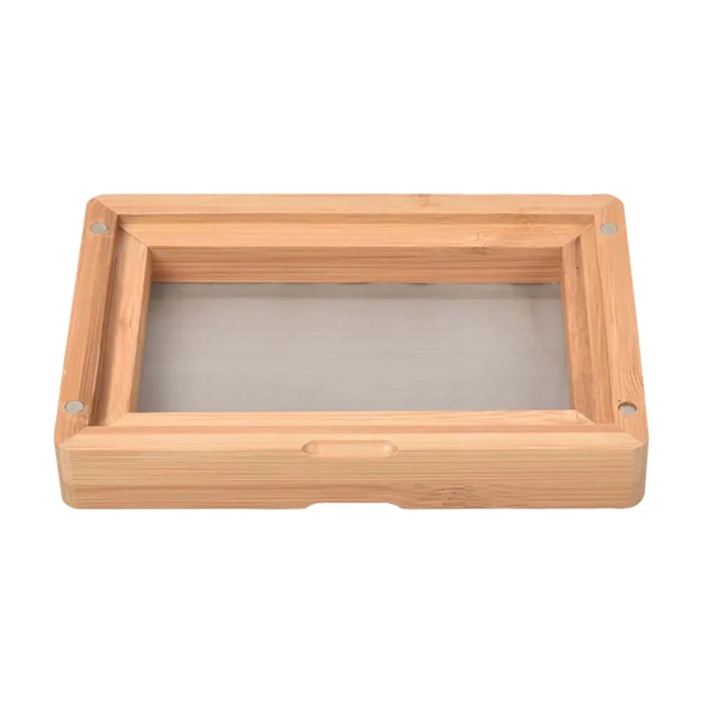 Bamboo pollen sifter with 175-micron stainless steel mesh.