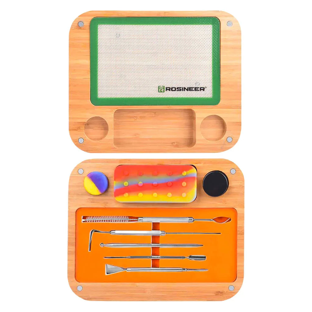 Rosineer bamboo wax organizer kit with silicone mat, tools, and colorful silicone container.