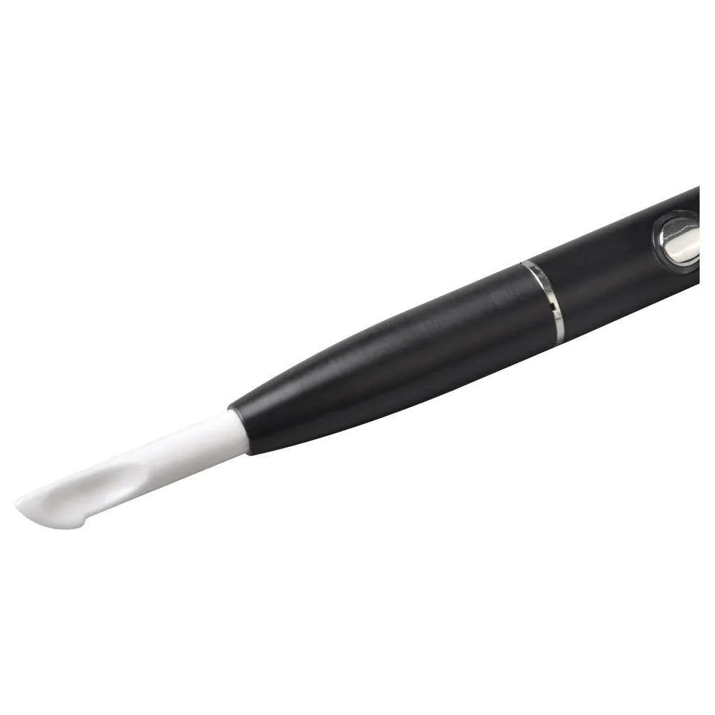 Black electric cuticle pusher with white ceramic tip, on a white background.