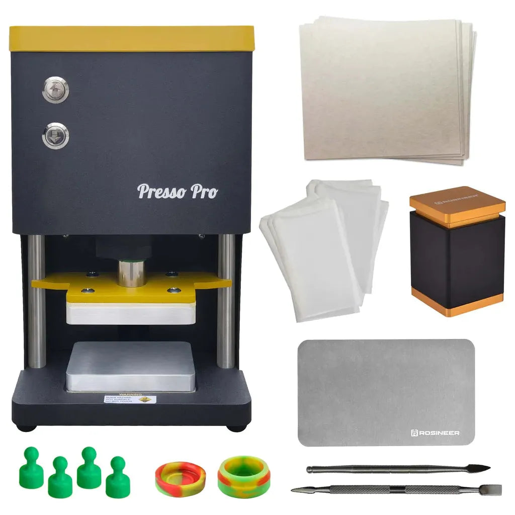 Rosineer Press Pro rosin heat press with parchment paper, filter bags, dab tools, silicone jars, and mat.