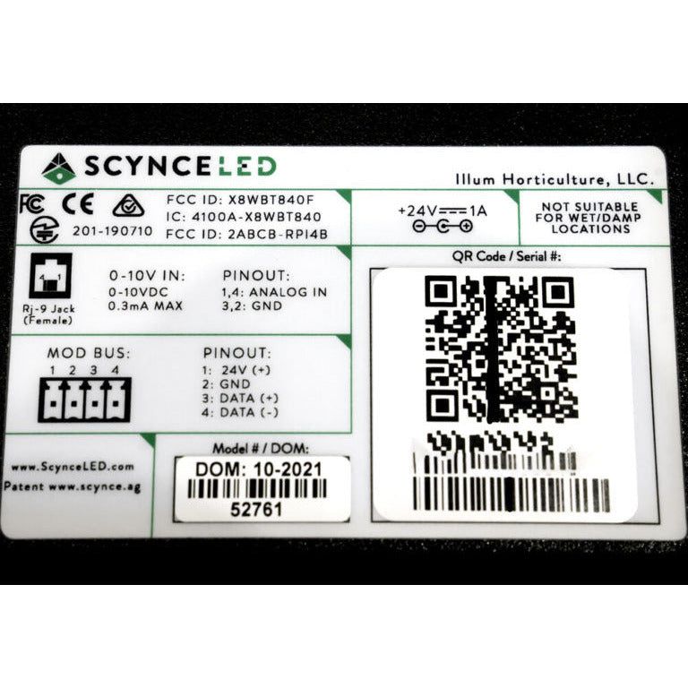 Scynce LED controller with QR code, model/DOM 10-2021, serial 52761.