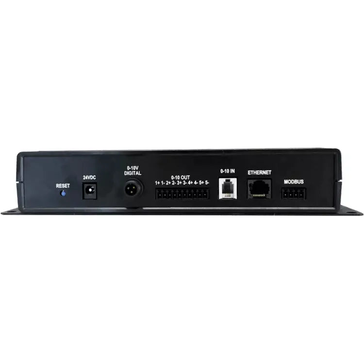 Back panel of a Scynce LED controller showing ports for reset, 24VDC, digital, 0-10V out, 0-10V in, Ethernet, and Modbus.