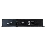 Back panel of a Scynce LED controller showing ports for reset, 24VDC, digital, 0-10V out, 0-10V in, Ethernet, and Modbus.