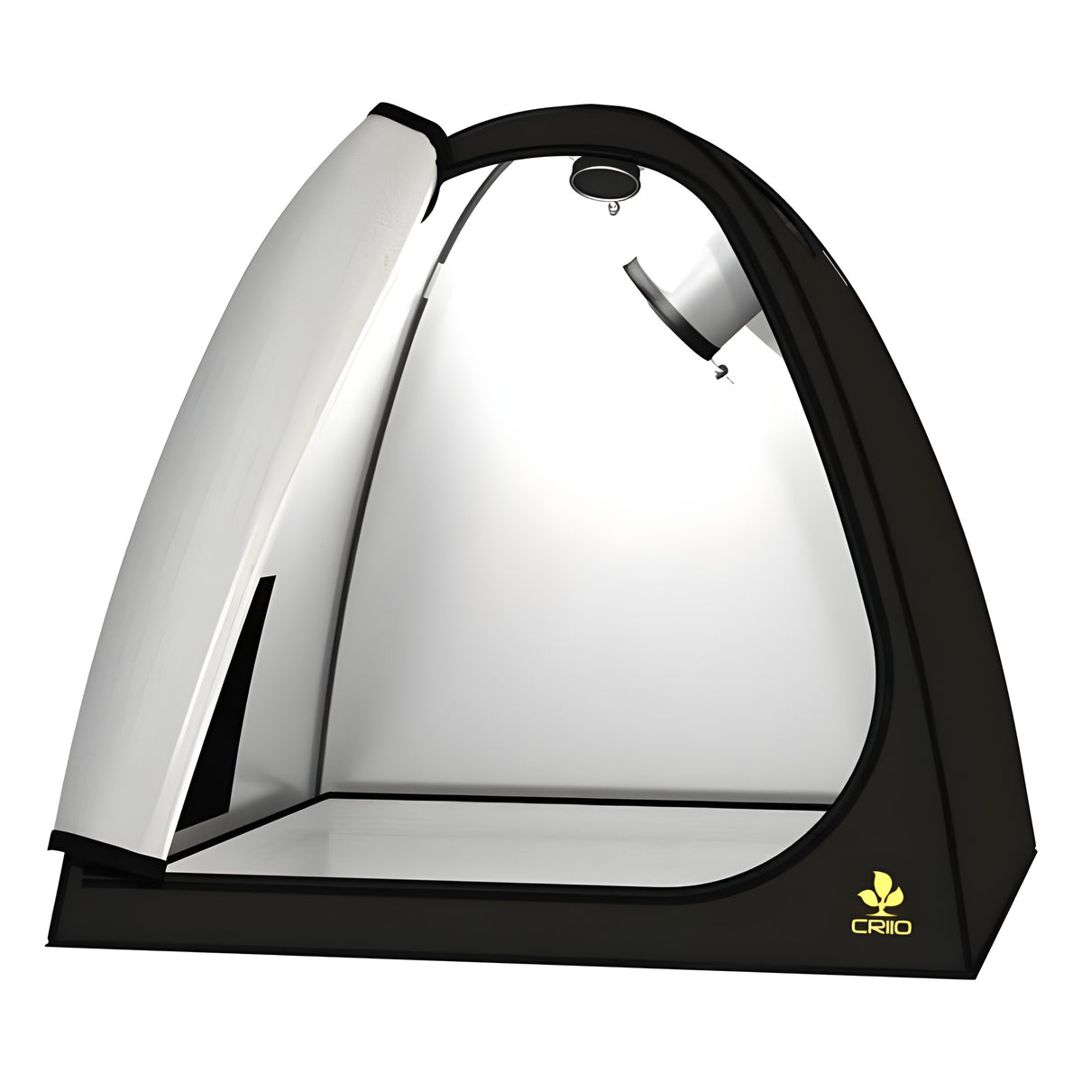 Black and white hydroponic grow tent with open door and interior light fixture.