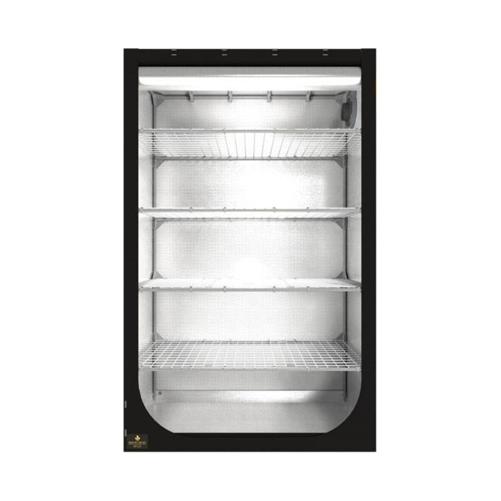 Black grow tent interior with reflective lining, four wire shelves, and overhead LED light.