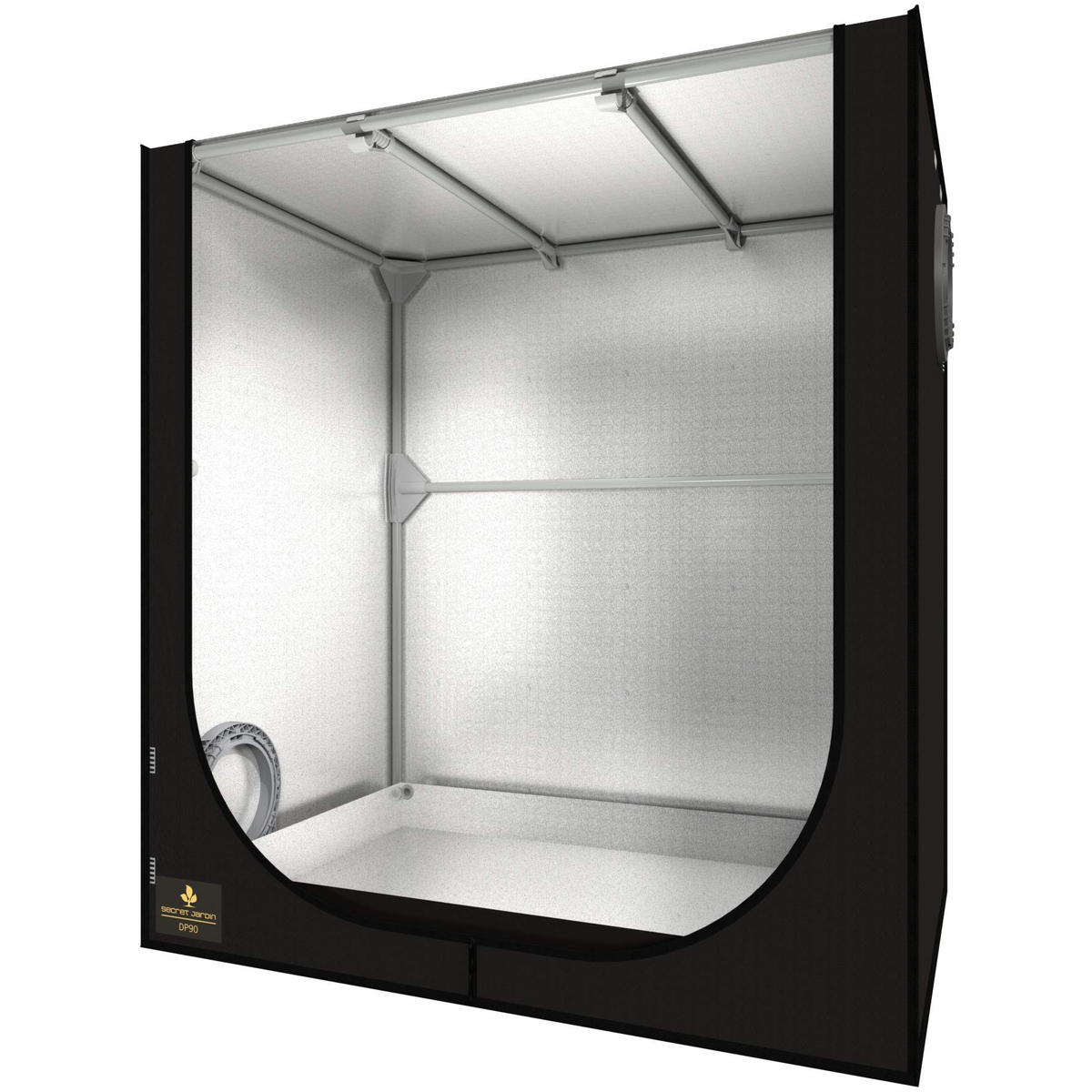 A black hydroponic grow tent with silver interior, metal frame, and reflective surface.