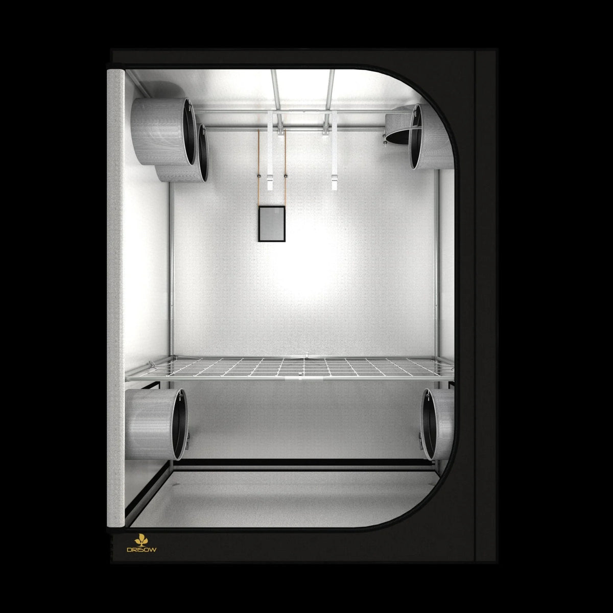 Open dark room grow tent interior showing ventilation, shelves, and lighting support.