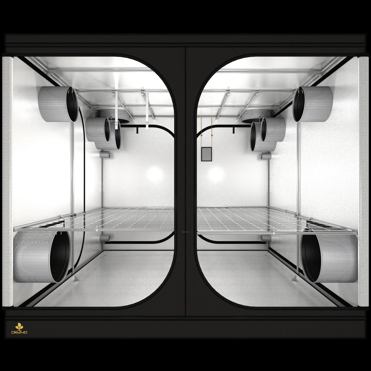 This is a **Secret Jardin DR240 grow tent**. It features two separate compartments, each with **mesh shelves and ventilation ports**.
