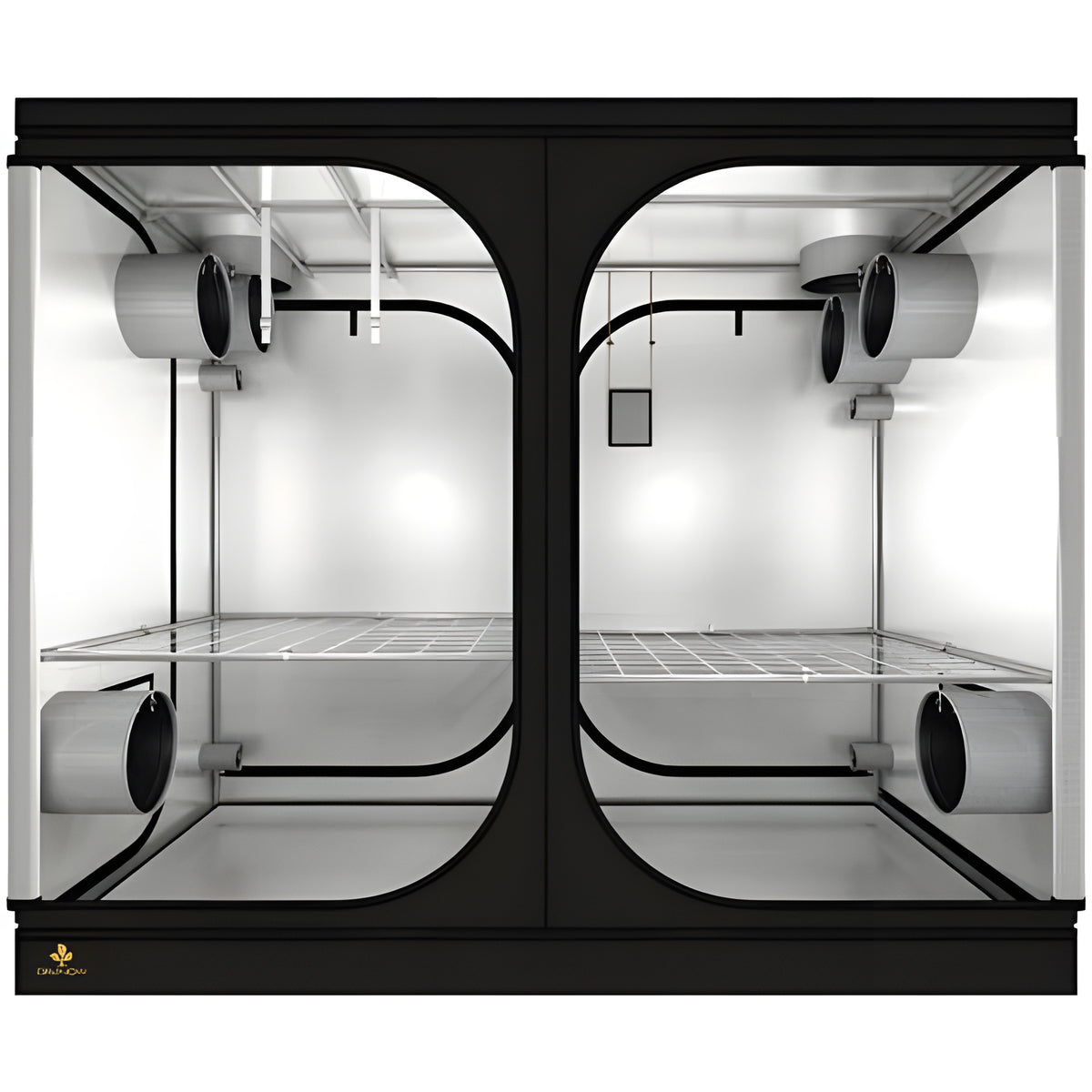A dual-chamber hydroponic grow tent with ventilation ports and shelves.