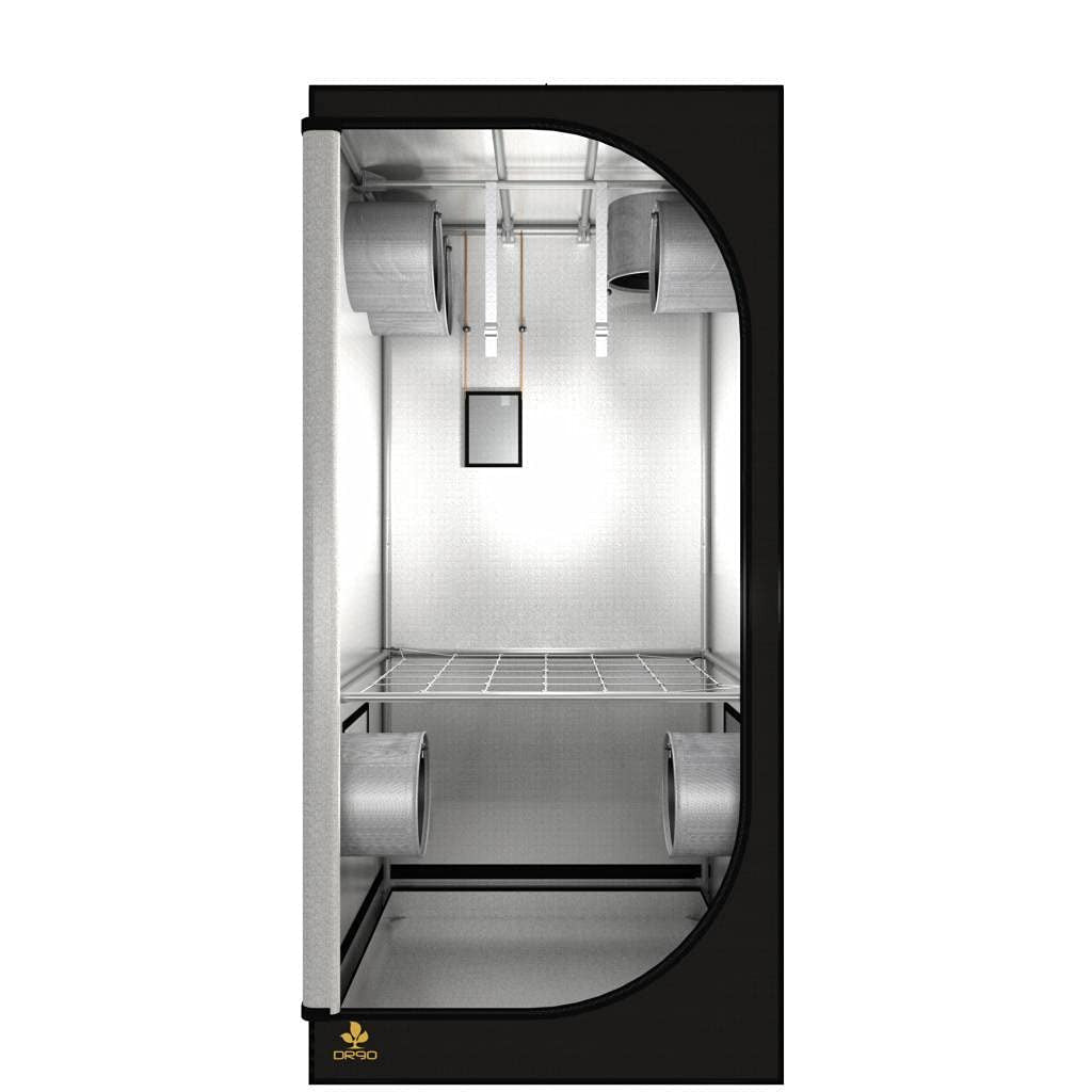 Black grow tent with vents and a shelf, for growing plants hydroponically.