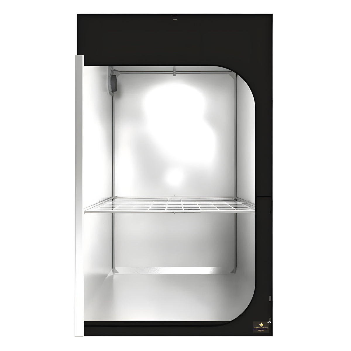 A tall, narrow grow tent with reflective interior, a wire shelf, and a light fixture.